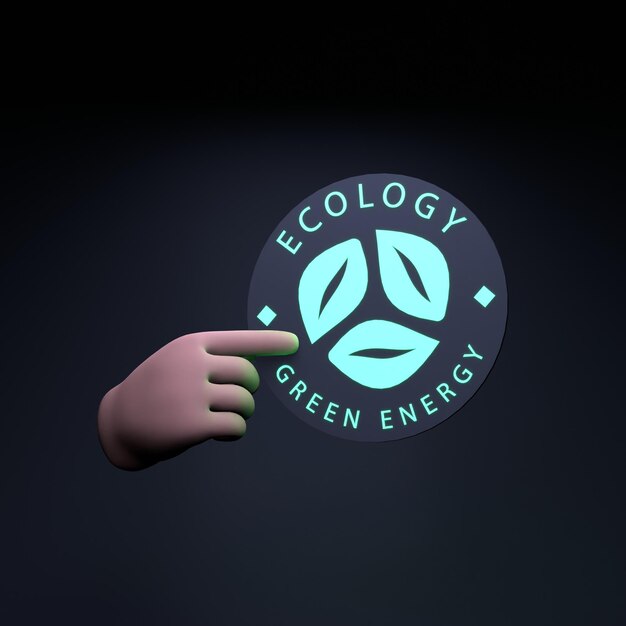 The hand holds a neon Icon on the theme of ECO Ecology and conservation of the planet 3d render illustration