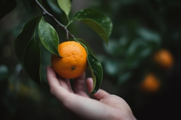 A hand holds an orange hanging on a tree