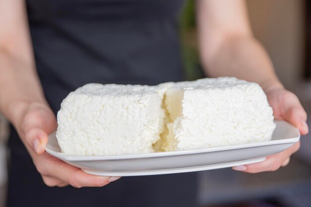 A hand holds a piece of cottage cheese closeup eating tasty and healthy foods