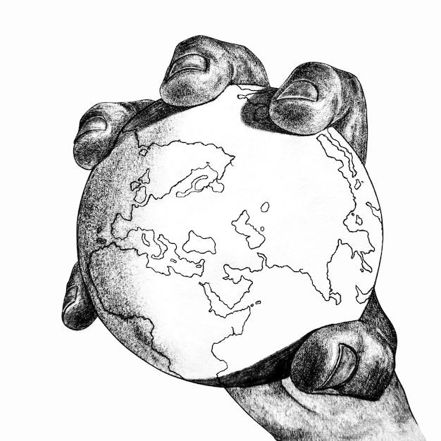 The hand holds the planet earth Pencil drawing on white paper