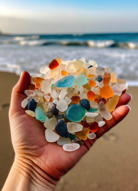 A hand holds a sea glass collection of sea glass.