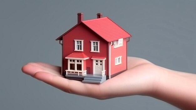 Hand holds a small house toy real estate concept image