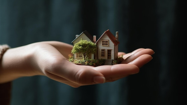 A hand holds a small house with a tree in the middle.