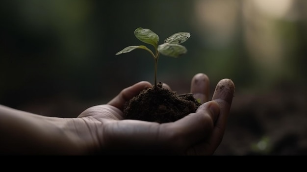 手は、中世界の自然の日のコンセプトで種子という言葉を持つ小さな植物を持っています