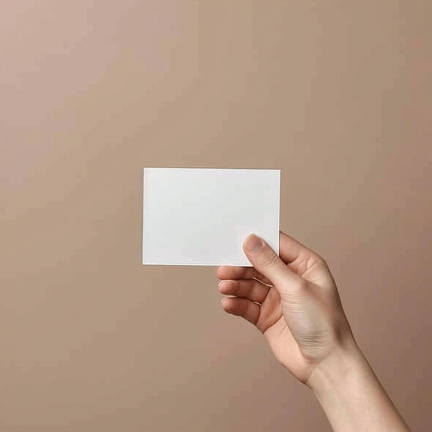 Рука держит небольшую белую наклейку Мокет для этикеток рекламы маркетинга