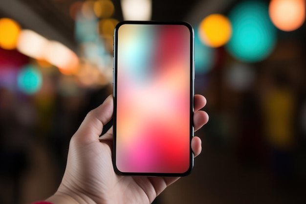 あなたの想像力の準備ができた、ぼやけた画面のモックアップを持つスマートフォンを手で保持します。