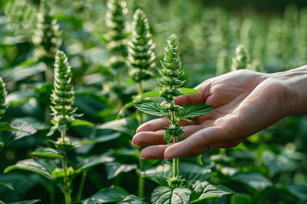 Photo a hand holds a sprig of wheat in a field