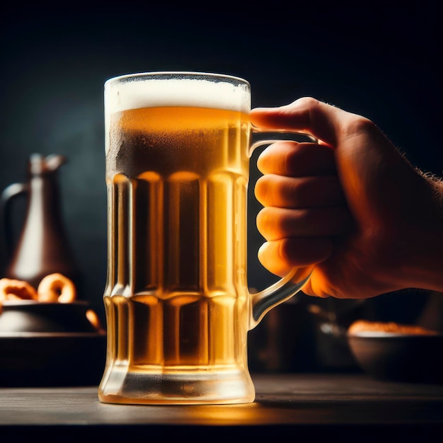 a hand holds a tall beer mug against a dark background ai generative