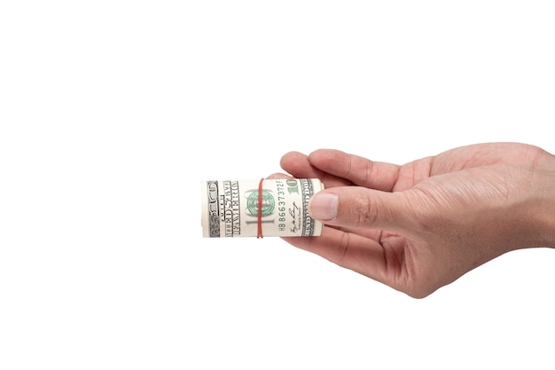 Hand holing American dollars banknotes on white background