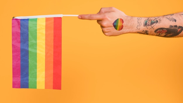 Hand of homosexual man holding lgbt flag