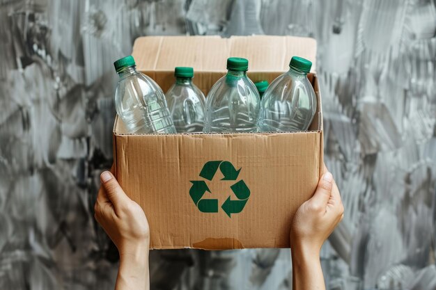 Foto hand houdt bruine recyclingdoos met plastic flessen generatieve ai