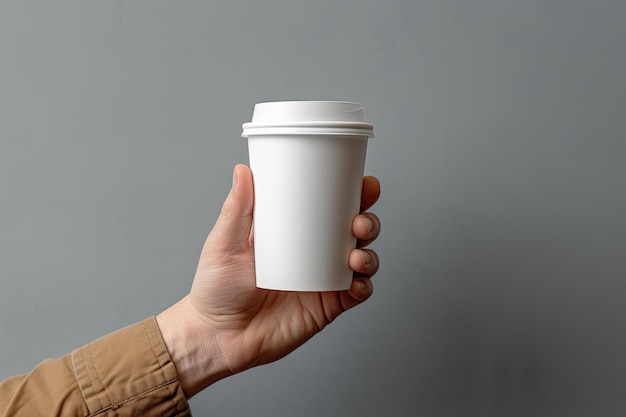 hand houdt een gewone witte plastic koffiekop voor mockup