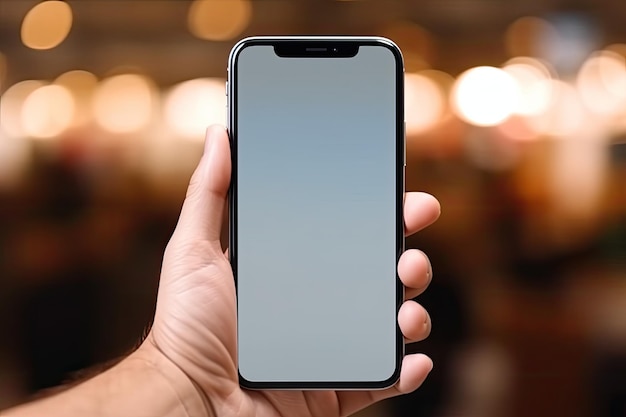 Foto hand houdt een mobiele telefoon vast met een gewoon wit scherm voor mockup achtergrond met glinsterend licht