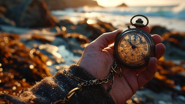 hand houdt een retro stopwatch strand op de achtergrond