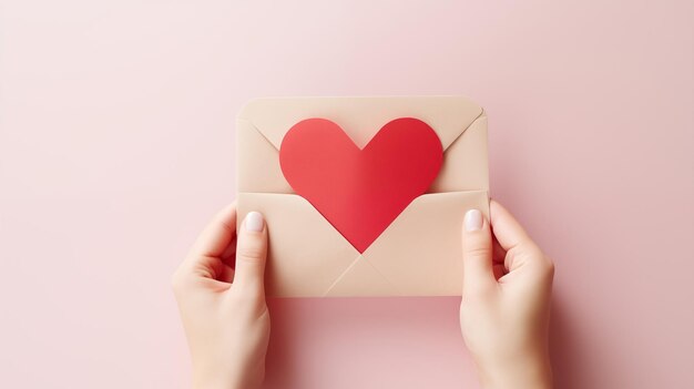 Foto hand houdt envelop met klein rood hartje erin