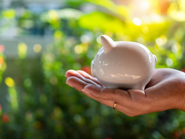 Hand human and Piggy bank on natural bokeh background saving concept