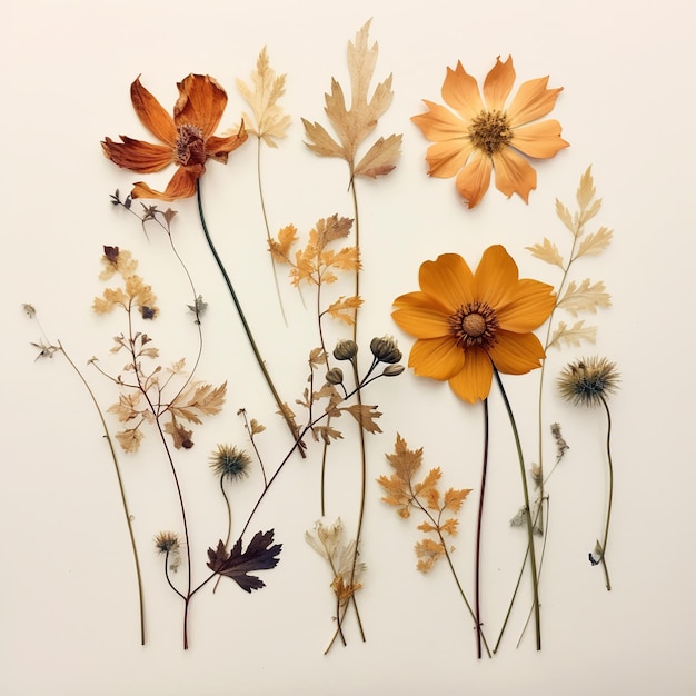 Hand illustrated large pressed flowers fall Generative ai