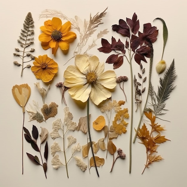 Hand illustrated large pressed flowers fall Generative ai