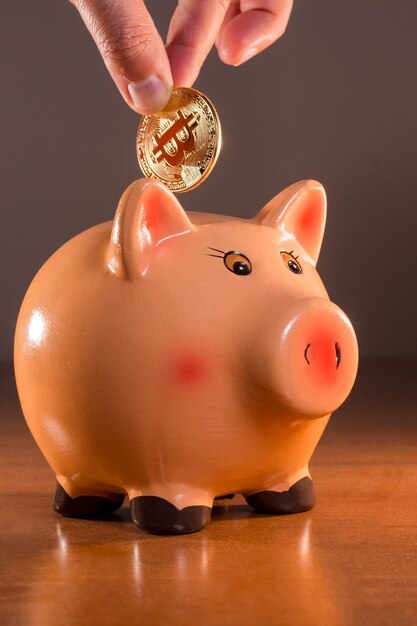 Hand inserting bitcoin on piggy bank