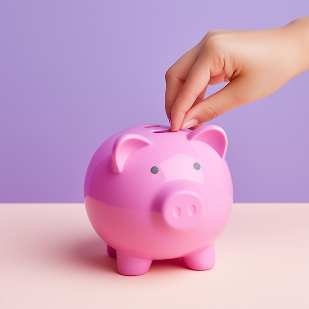 Hand inserting coin into pink piggy bank