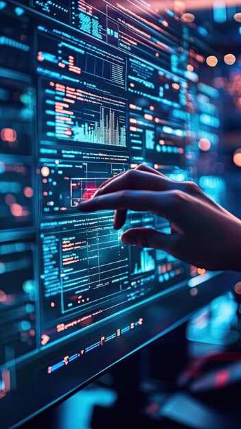 一隻手與顯示安全協議和數據分析的數碼儀表板互動 鮮的顏色和複雜的圖形創造高科技氛圍,強調網絡安全的重要性