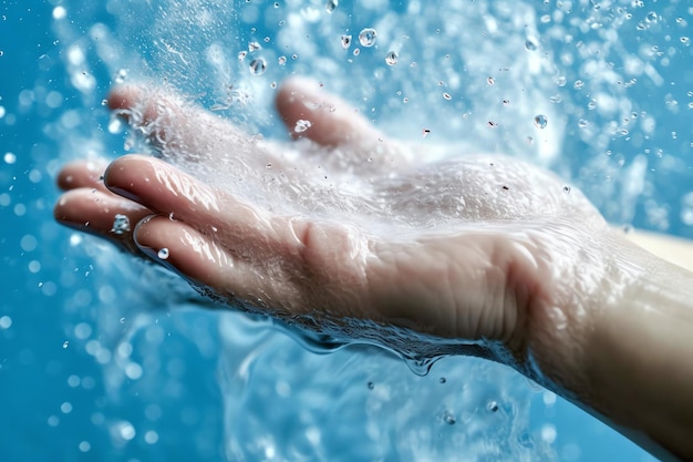 A hand is being washed in a blue water