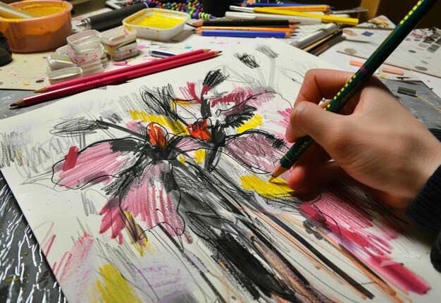 Photo a hand is coloring a vibrant large flower drawing with markers pink yellow orange and black hues dominate the artwork alongside coloring pencils and markers on the wooden surface