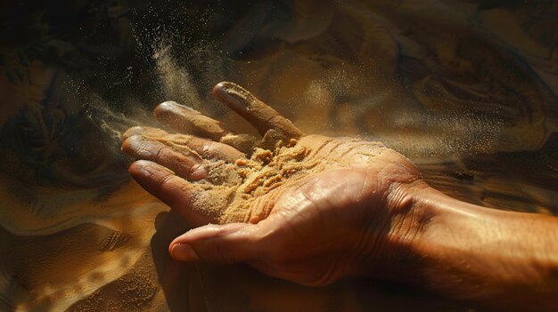 Photo a hand is covered in sand and sand