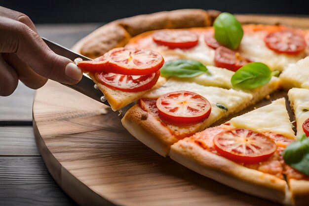 Photo a hand is cutting a pizza with a knife and a knife.