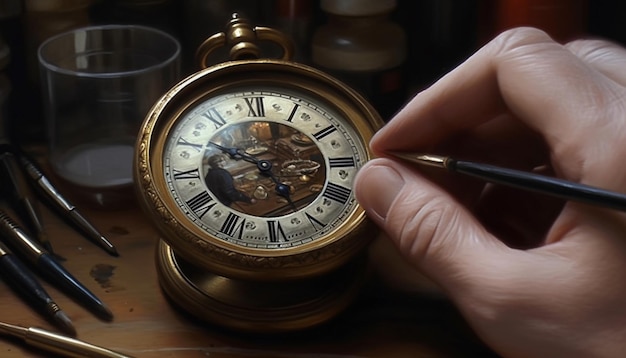 A hand is drawing a clock with the roman numerals on it.