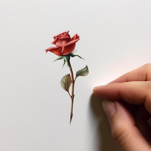 A hand is drawing a red rose with a pencil.