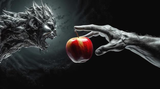 A hand is grabbing an apple from a black background.