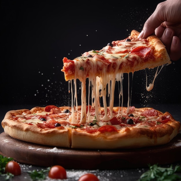 Photo a hand is grabbing a slice of pizza with pepperoni and olives.