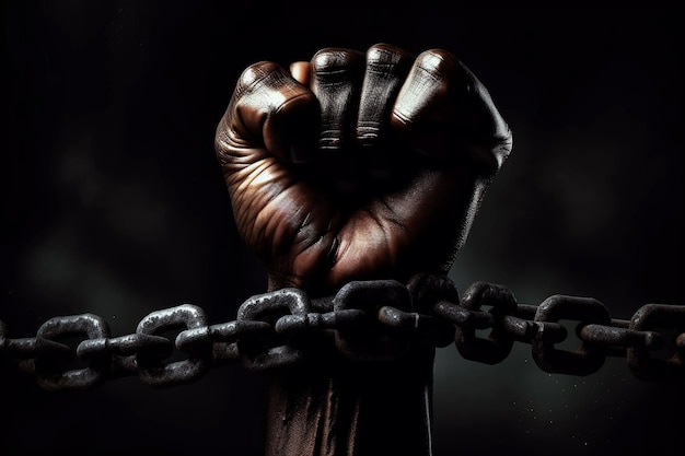 A hand is held up in a fist and is held up by chains.