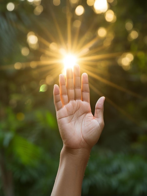 a hand is held up in front of a blurred background with the sun shining through the leaves