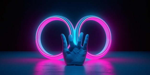 A hand is held up in front of neon lights