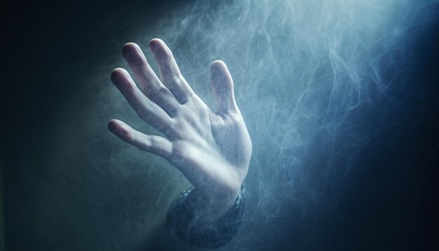 a hand is held up in front of a smokey background.