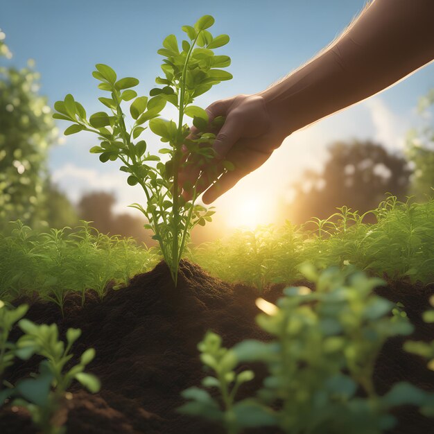 a hand is holding a alfalfa plant in the dirt