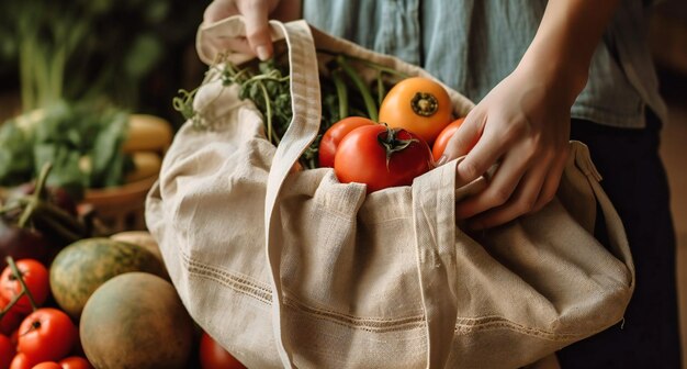 Photo hand is holding a bag with fresh groceries on the top