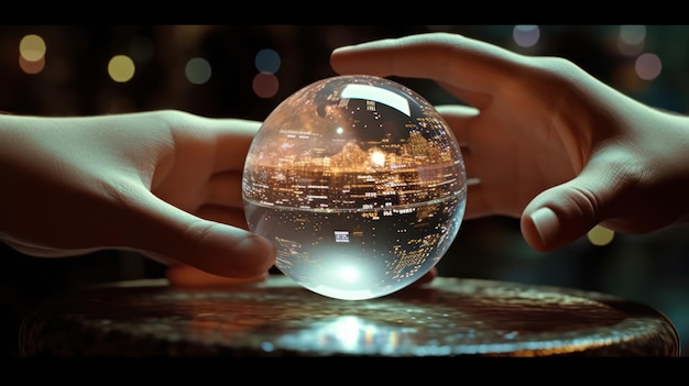 A hand is holding a ball with the word city on it
