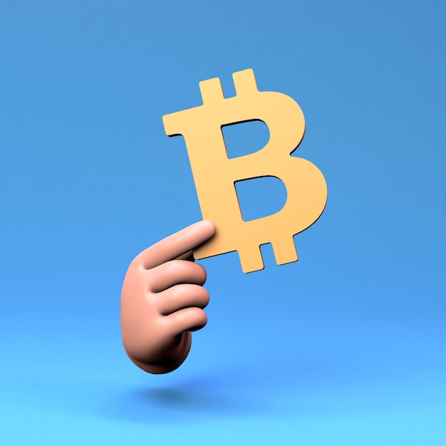 The hand is holding a bitcoin sign 3D render illustration