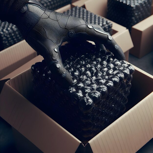 a hand is holding a box of black bubble wrap