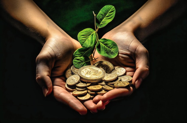 A hand is holding coins holding a plant