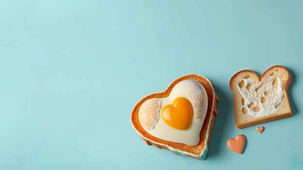 A hand is holding a heart - shaped egg and toast with a heart - shaped egg on it.