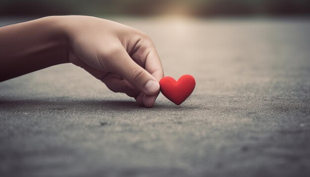 A hand is holding a red heart on the ground.