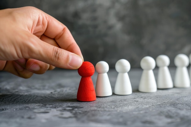 a hand is holding a red piece of wood that is on top of a line of white pieces