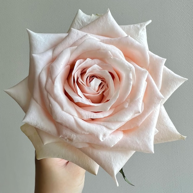 A hand is holding a rose that is pink and white.