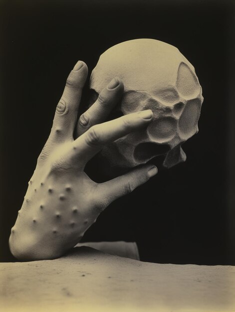 a hand is holding a skull with spots on it