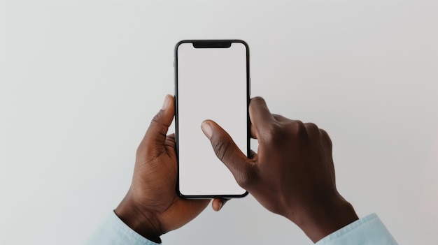 a hand is holding a smartphone with a blank screen against a white background offering a clear view for placing a digital interface or mobile app demonstration