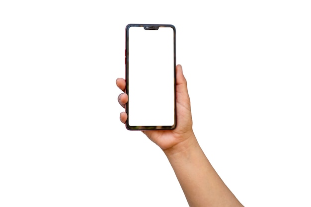 The hand is holding the white screen, the mobile phone is isolated on a white background with the clipping path.